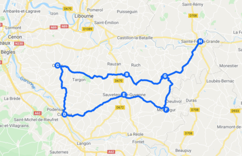 Round Trip Map to the Gironde Bastides